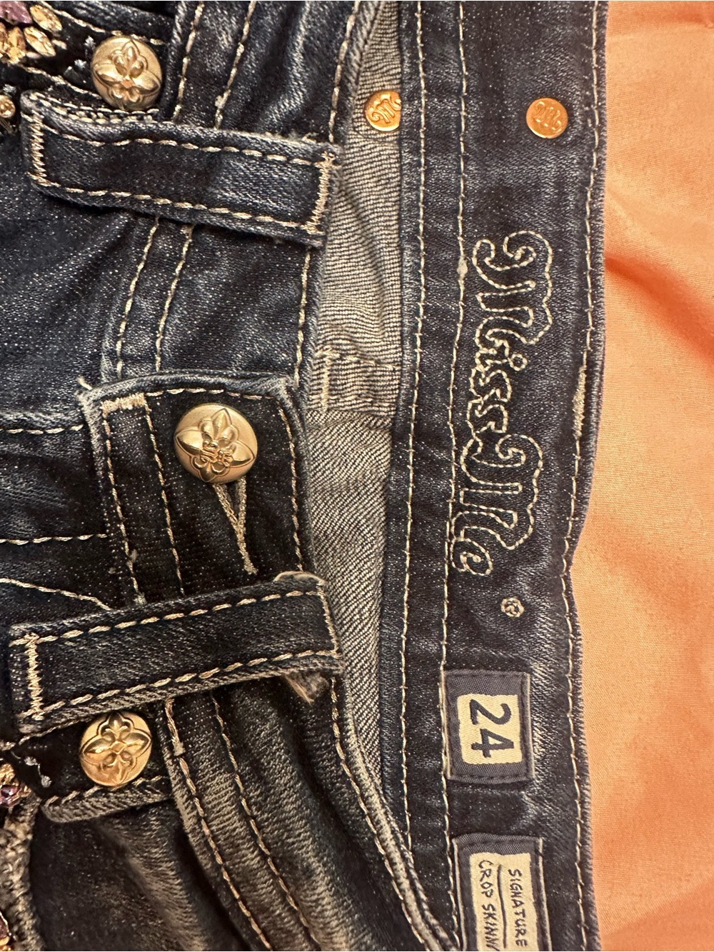Miss Me Dark Wash Skinny Jeans with Multicolor Gem Embellishments - Picture 4 of 6